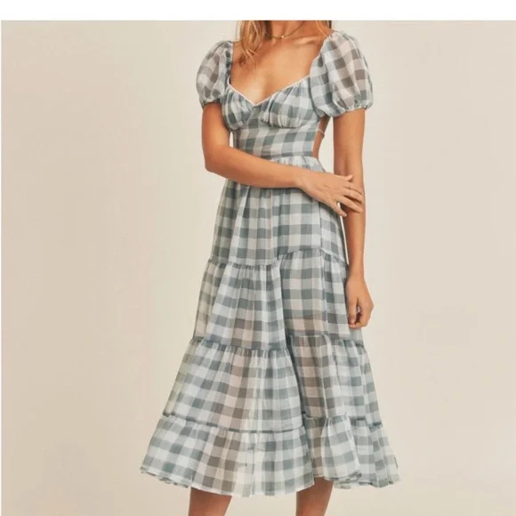 Mable Blue & White Gingham Open Tie Back Midi Dress Size Large Puff Sleeves - Picture 2 of 10
